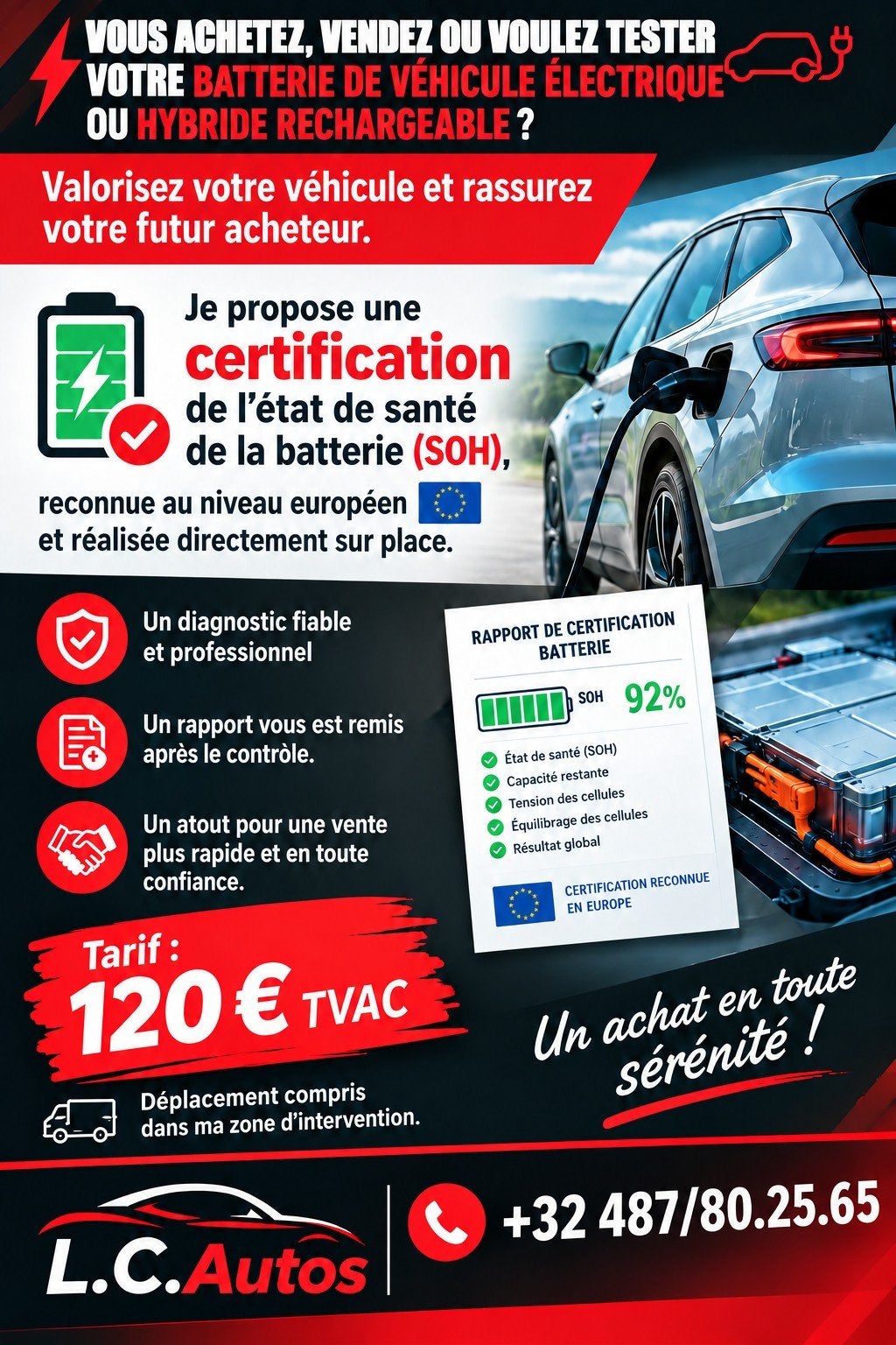 Test état de santé batterie voiture électrique,hybride recha, Enlèvement