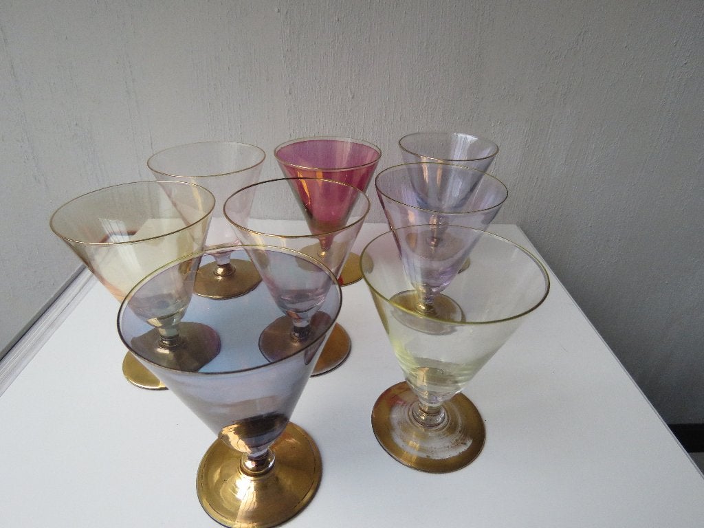 Set de 8 verres à vin Arlequin de la Verrerie de Laeken 1950, Antiquités & Art, Enlèvement ou Envoi