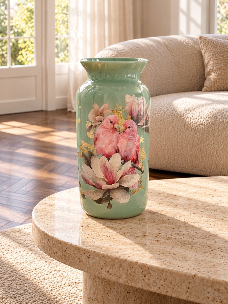 Groene glazen vaas met vogels, Huis en Inrichting, Nieuw, Ophalen of Verzenden, Glas, Geschikt voor droogbloemen