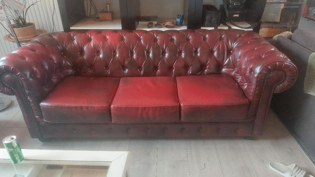 Siège Chesterfield en cuir marron, Trois personnes, 100 à 125 cm, Chesterfield leer bruin, 200 à 250 cm