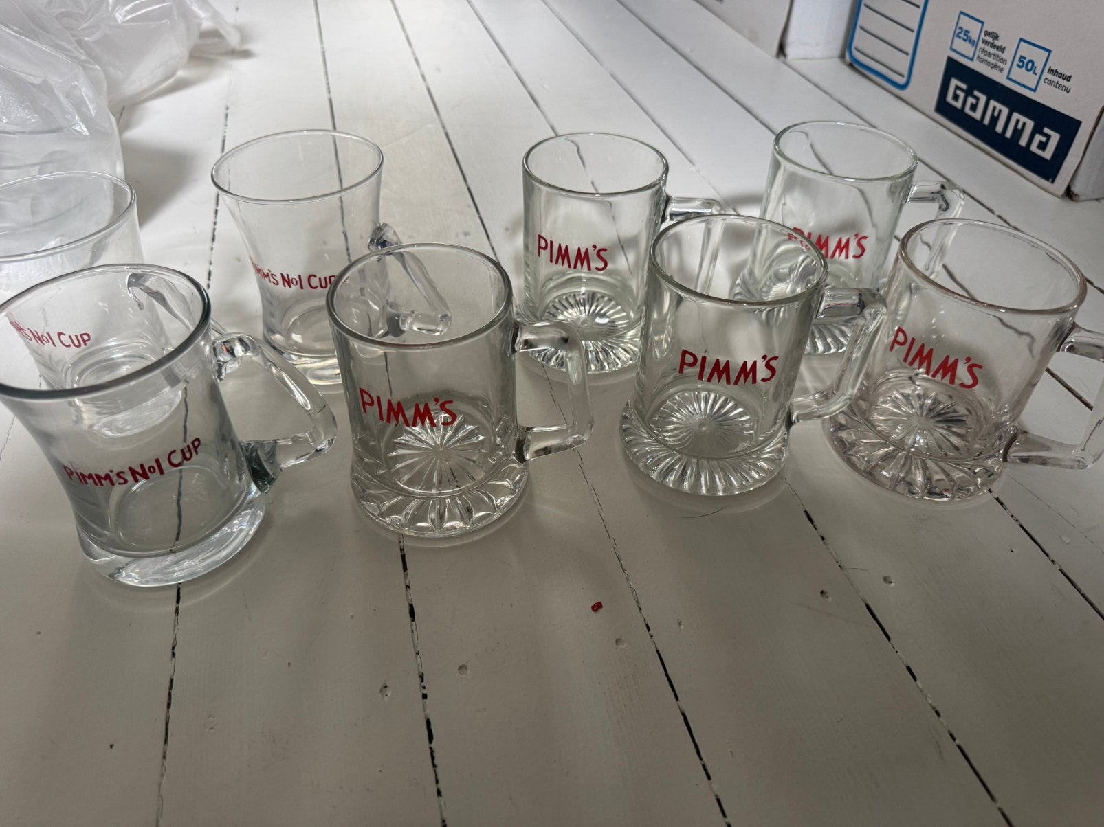 Collectie originele Pimm’s glazen! 8 stuks, Verzamelen, Glas en Drinkglazen, Ophalen, Gebruikt