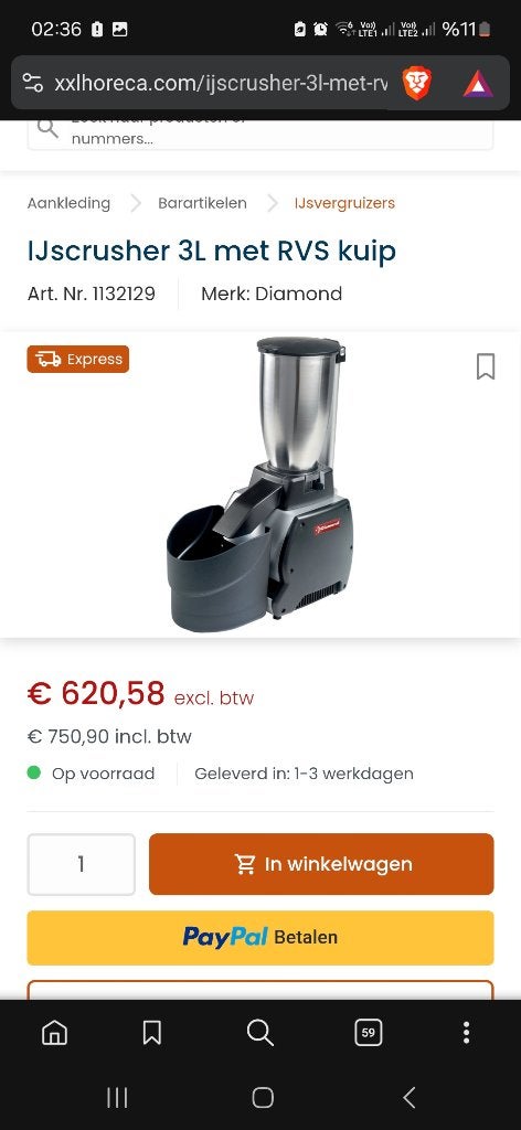 Ijscrusher horeca nieuw, Ophalen