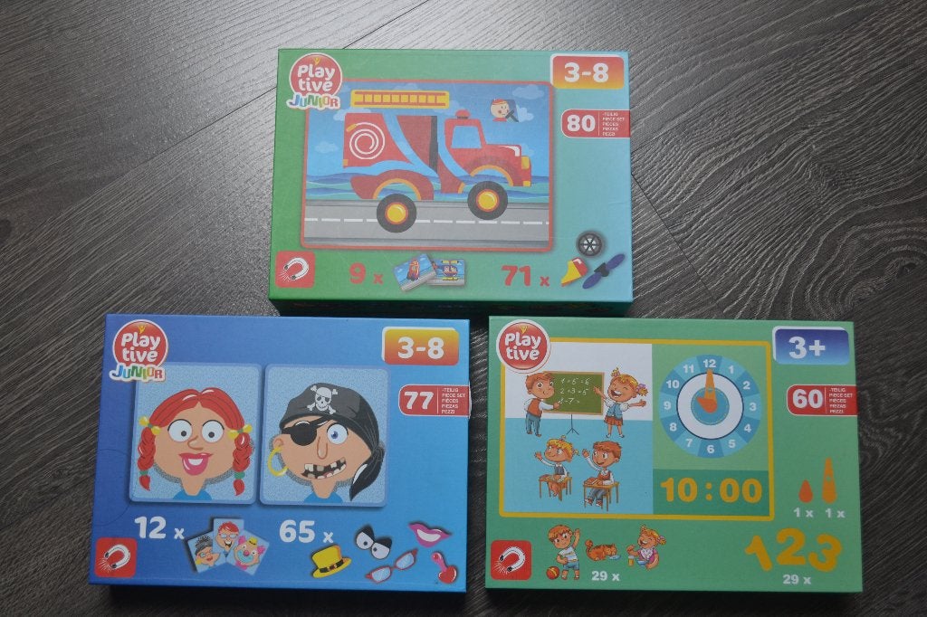 Jeu/puzzle magnétique 3 à 8 ans - transports/heures/visages, Ophalen of Verzenden, Zo goed als nieuw, Puzzelen