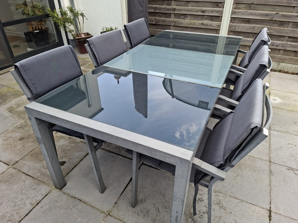 Grote glazen tuintafel met 6 tuinstoelen en kussens, Tuin en Terras, Tuintafels, Ophalen, Gebruikt, Rechthoekig, Aluminium