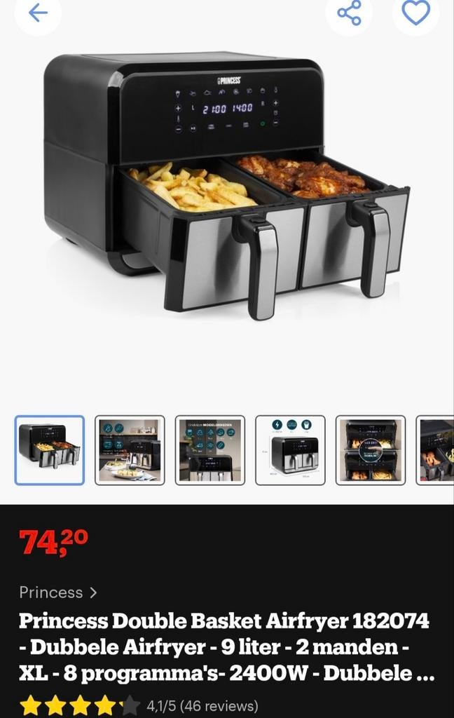 Princess Double Basket Aerofryer - 9L (Duo Zone), Ophalen, Gebruikt, Airfryer XXL, 1500 gram of meer