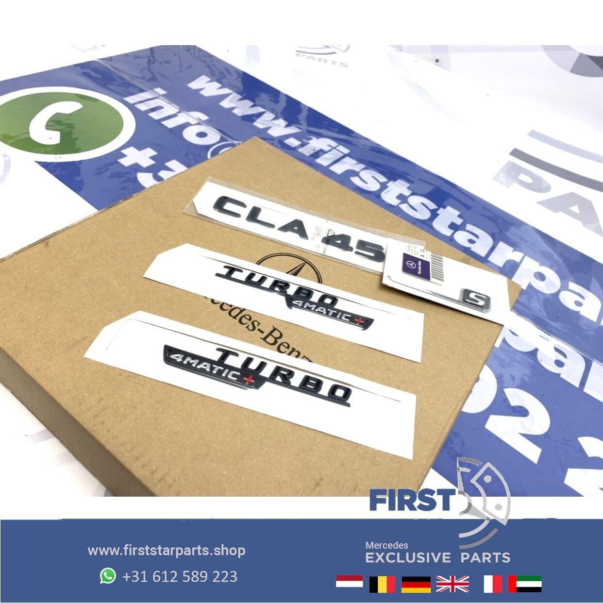 W118 X118 CLA45S AMG LOGO SET ZWART EMBLEMEN Mercedes CLA KL, Utilisé, -, -, Enlèvement ou Envoi