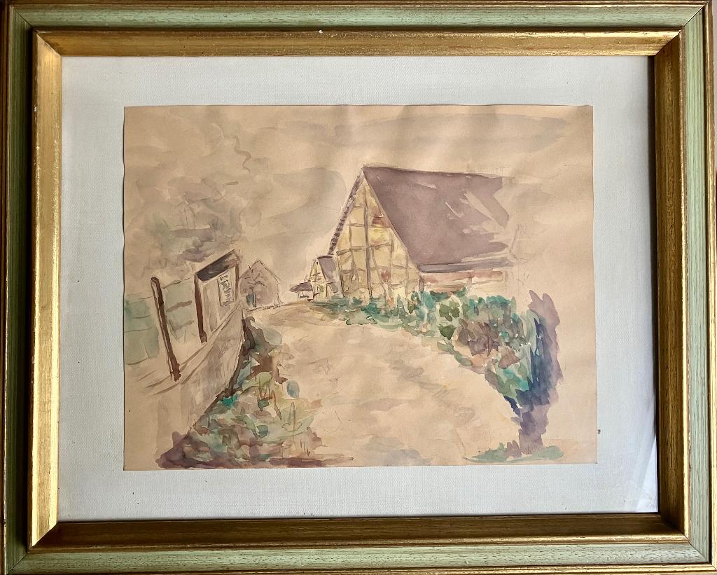 Jolie aquarelle d’époque (1950-60)–Paysage Rural&Colombages, Antiquités & Art, Art | Peinture | Classique, Enlèvement