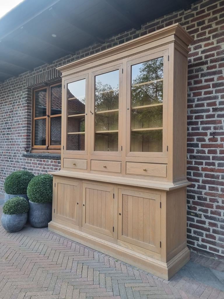 Eiken buffetkast/vitrinekast GRATIS LEVERING, Ophalen, Met deur(en), 200 cm of meer, 150 tot 200 cm