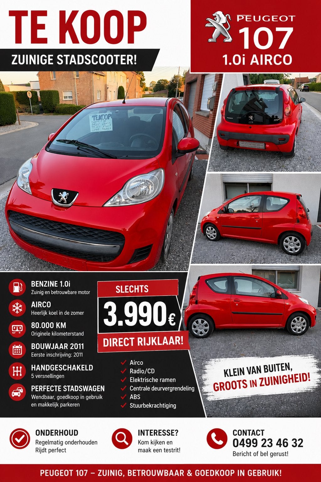 Peugeot 107, Autos, Peugeot, Rouge, Achat, Boîte manuelle, Air conditionné