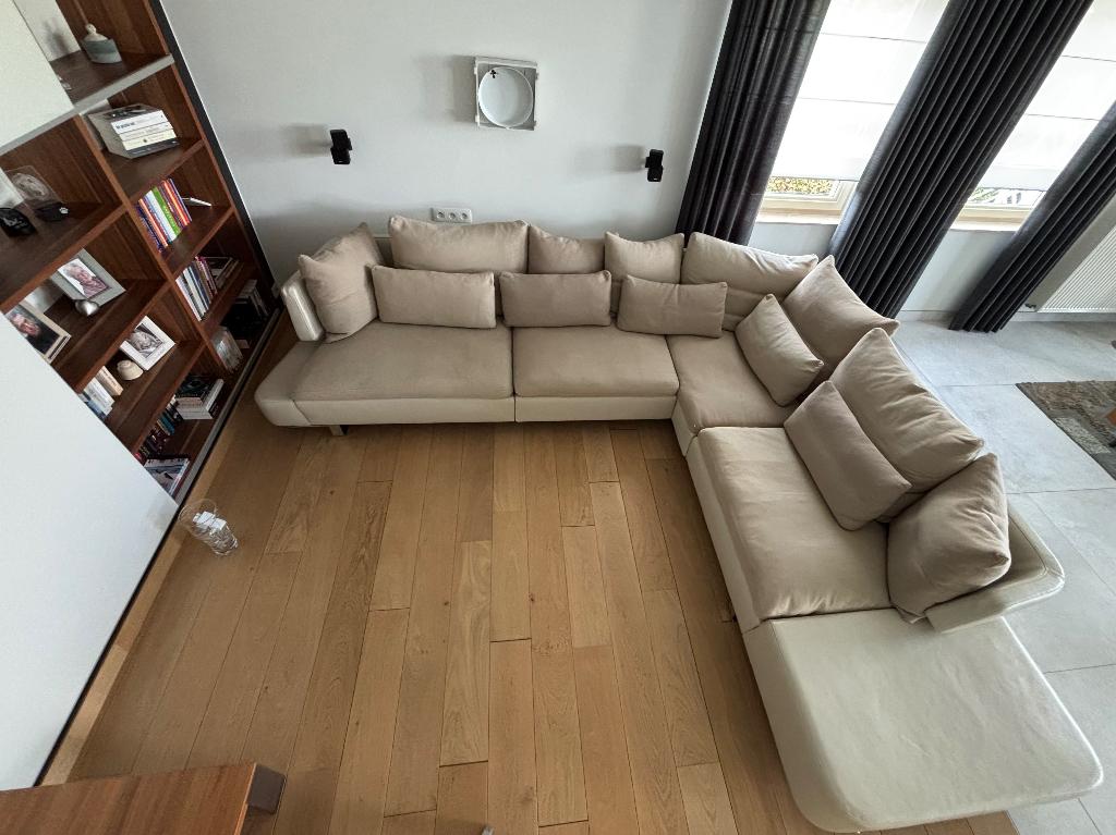 Salon Natuzzi Opus ecru leder/lichtbruin stoffen kussens, Huis en Inrichting, Ophalen, Zo goed als nieuw, Leer, Modern