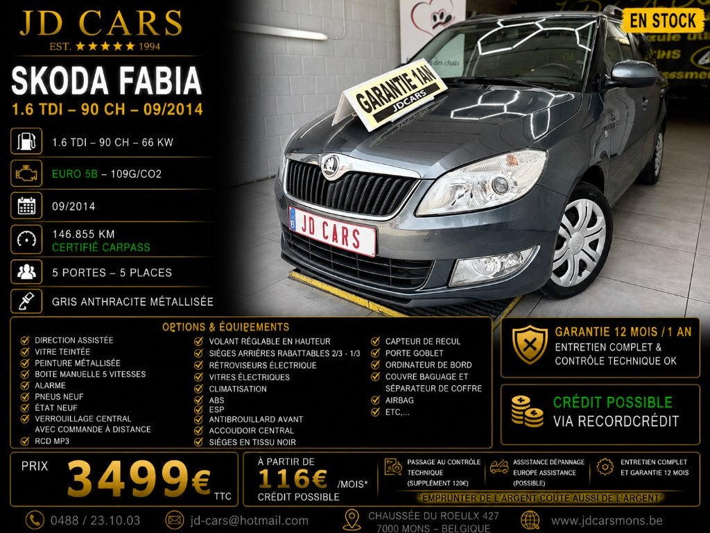 SKODA FABIA 1.6 TDI 90 ‼️GARANTIE 1 AN CTOK‼️, Autos, Achat, Entreprise, Garantie prolongée, Entretenue par le concessionnaire