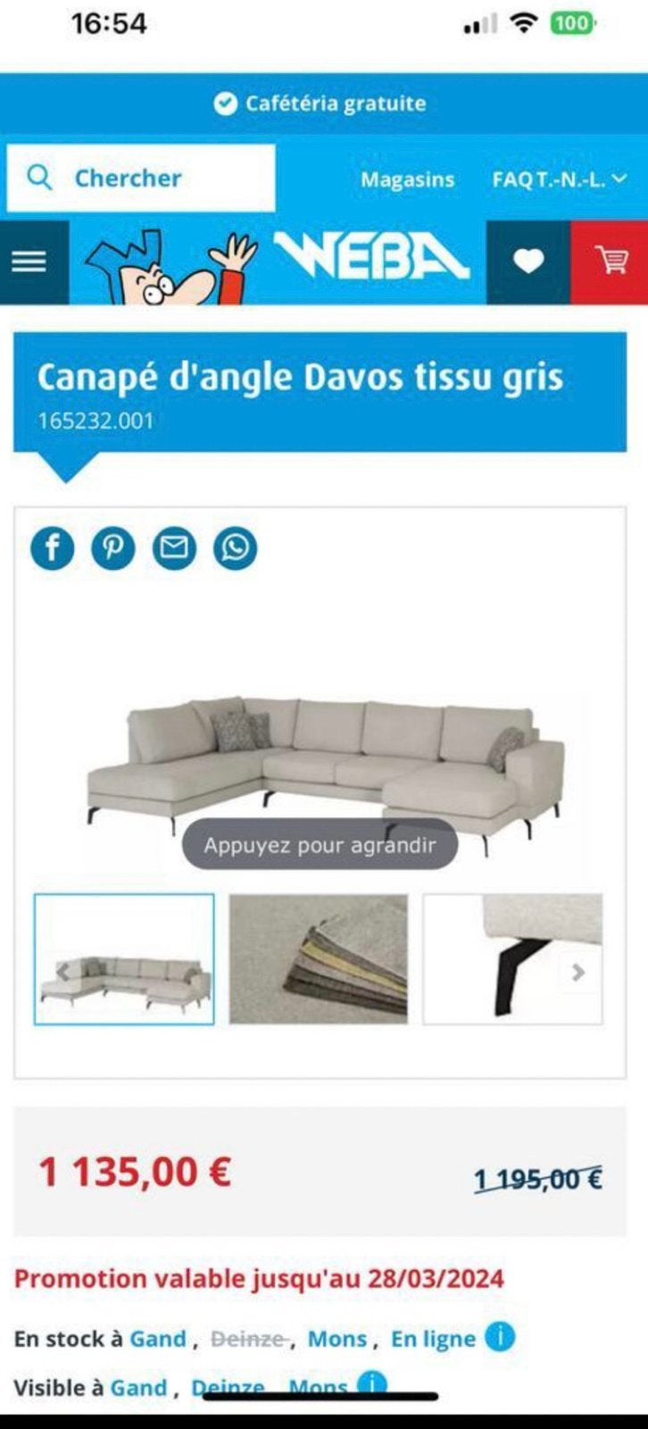 CANAPE GRIS NEUF 1149€ IL Y A UN MOIS A VENDRE 900€ démanger, Enlèvement, Comme neuf