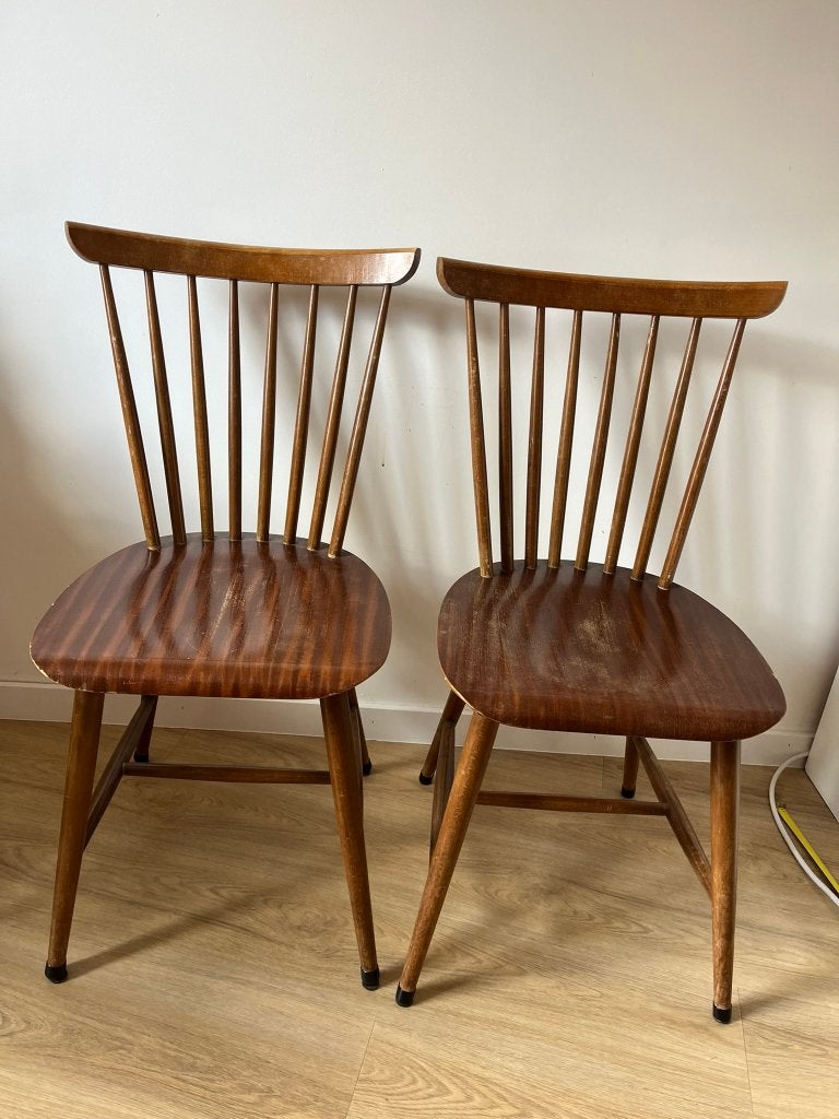 Vintage houten spijlenstoelen, Ophalen, Vintage jaren 60, Gebruikt, Twee
