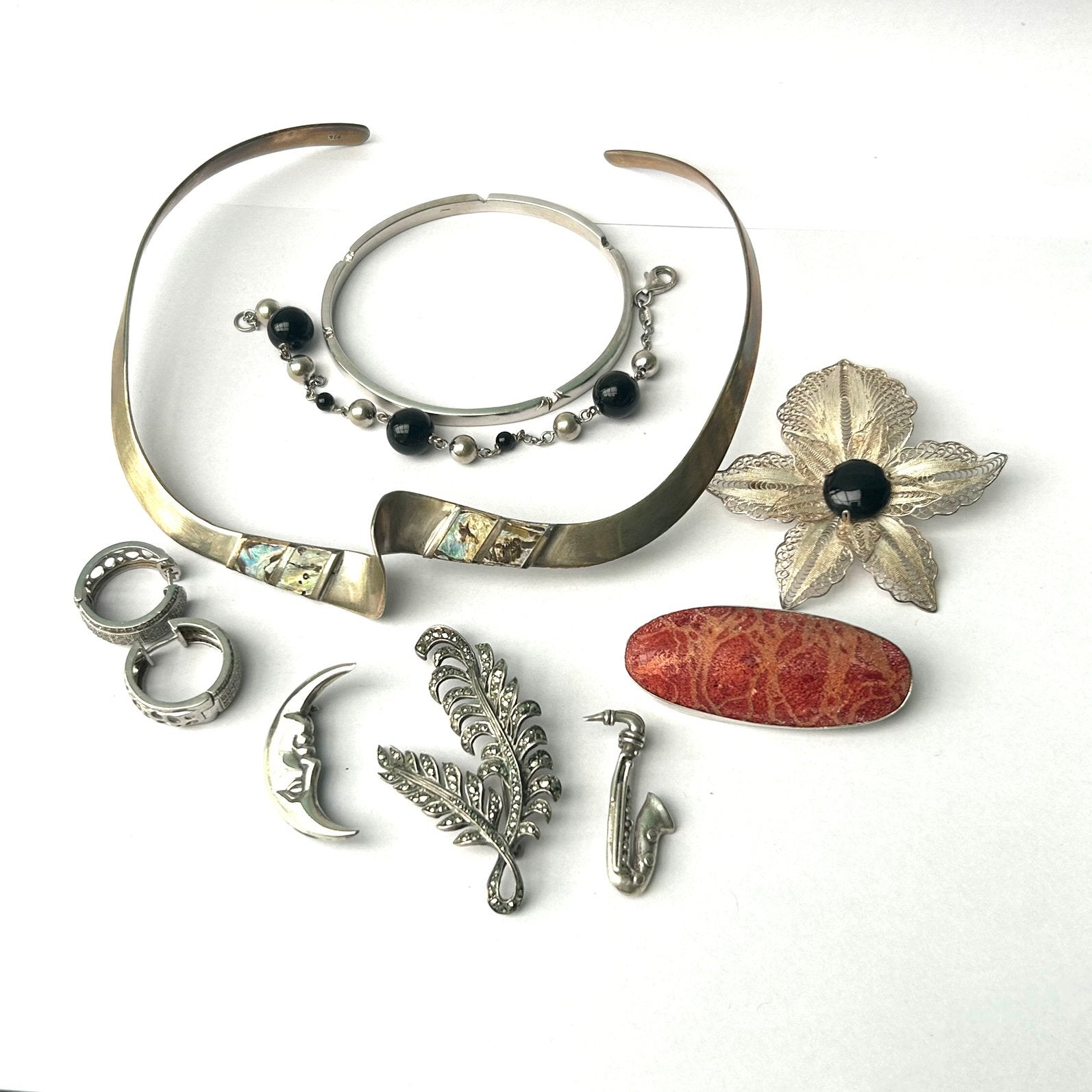 925 zilver 5 broche 2 armband ketting oorbellen vintage, Verzenden, Zilver
