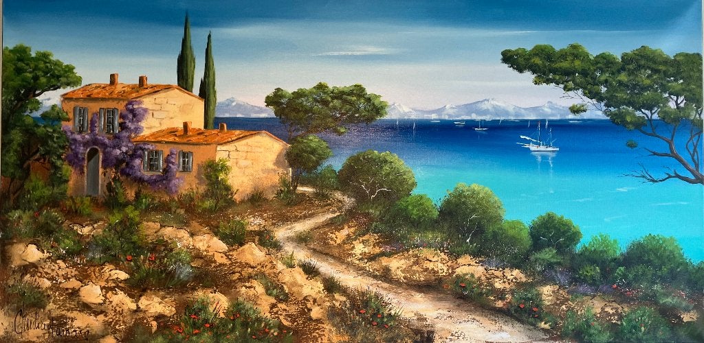 Unieke schilderij uit Saint- Tropez, gesigneerd Barbara !!, Antiek en Kunst, Ophalen of Verzenden, Klassiek, Gesigneerd, Landschap