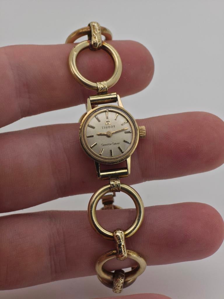 Tissot Seastar Seven gouden horloge 14k 585 opwinder dames, Met bandje, Tissot, Polshorloge, 1930 tot 1960
