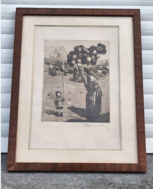 Eau forte la marchande de ballon signe romeo dumoulin, Ophalen of Verzenden, Gravure