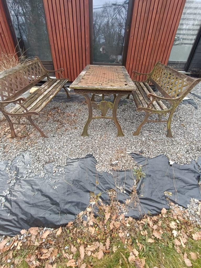 ENSEMBLE DE JARDIN EN FONTE ET BOIS, Jardin & Terrasse, Ensembles de jardin, Enlèvement, Utilisé, Bois