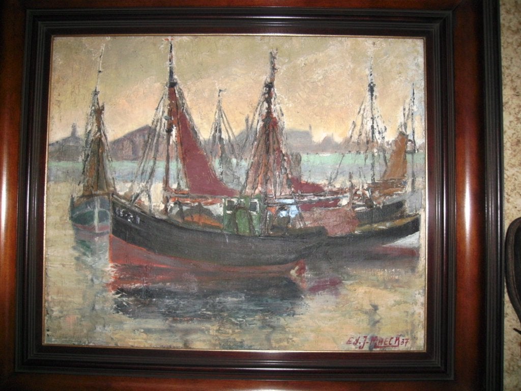 Olieverf op doek - Ed.J.Maeck - retro vissersboten, Antiek en Kunst, Ophalen, Maritiem / water, Doek, Bijzondere lijst