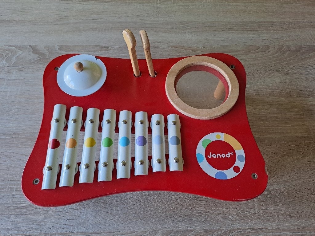Janod - muziektafel 3 in 1 : xylofoon, cimbaal, trommel/drum, Kinderen en Baby's, Speelgoed | Houten speelgoed, Gebruikt, Ophalen of Verzenden