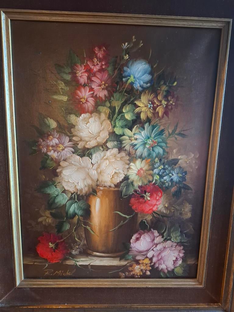 Klassiek bloemstilleven – gesigneerd R. Michel – met sierkad, Enlèvement