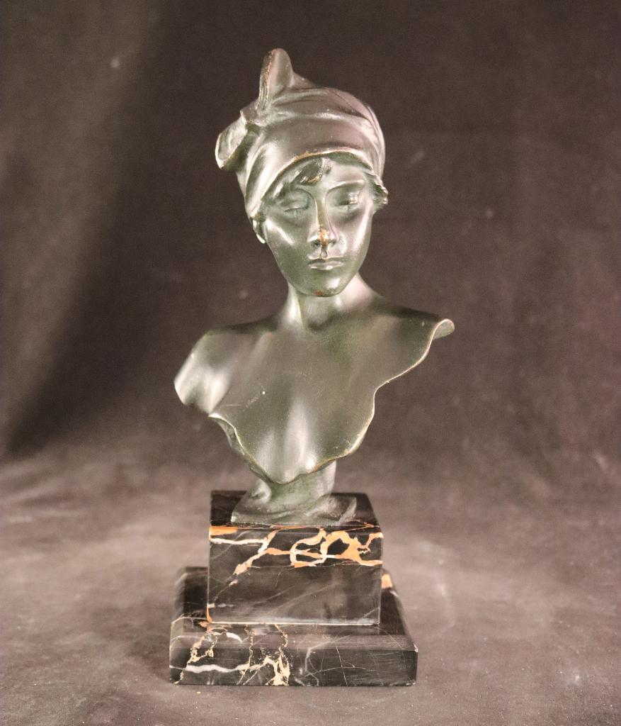 Bronzen buste Emmanuel Villanis, Ophalen of Verzenden, Buste, Groen, Vrouw