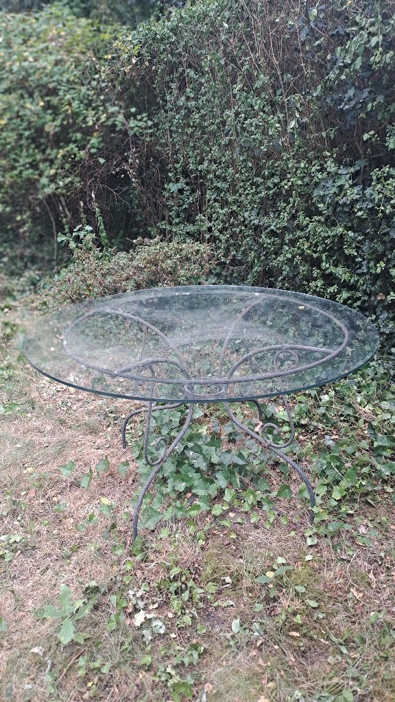 Ronde smeedijzeren tuintafel Ø125 cm met glazen blad, Enlèvement, Utilisé, Rond