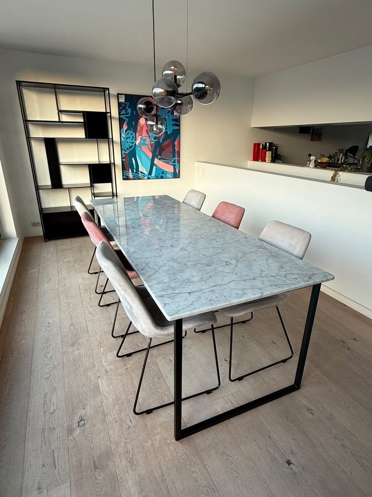 Bianco Carrara marmeren eettafel – 240 x 90 cm, Huis en Inrichting, Ophalen, Overige materialen, Design, Modern, 200 cm of meer