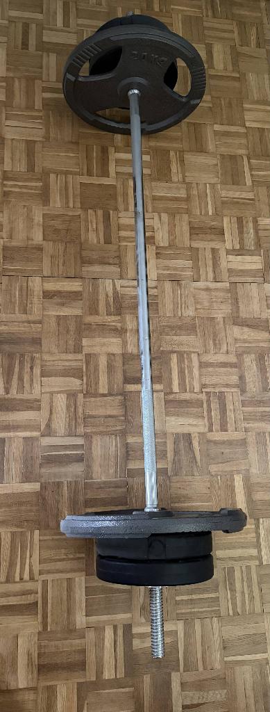 Lange halterstang met schijven (70kg totaal), Sport en Fitness, Fitnessmaterialen, Ophalen, Zo goed als nieuw, Rug, Halterset