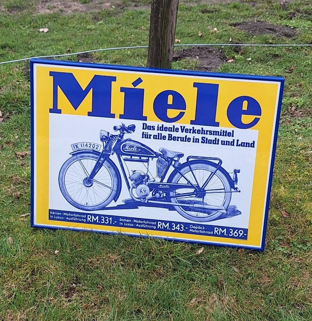 Top ingelijste afbeelding, poster oldtimer Miele motorfiets., Verzamelen, Ophalen, Gebruikt, Reclame, Met lijst