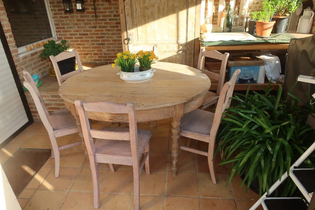 Antieke ovale tafel in olm met 6 boerenstoelen, Antiek en Kunst, Ophalen