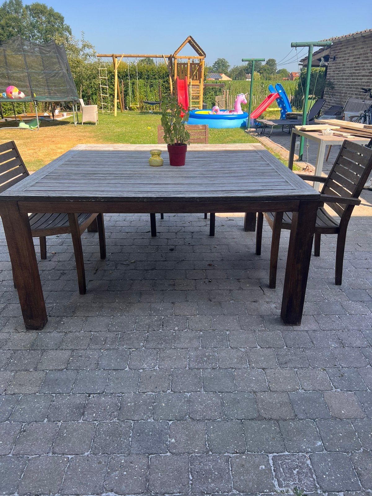 Houten vierkantige tuintafel met 3 stoelen, Ophalen, Gebruikt