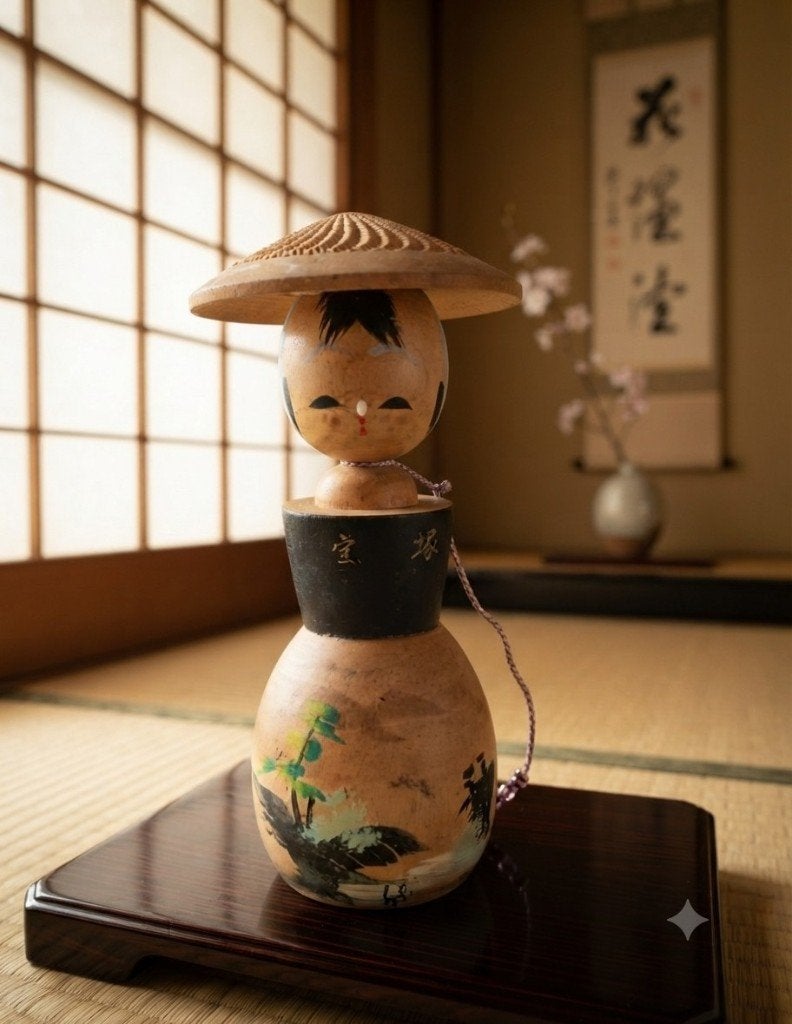 Joli kokeshi à tête branchée Takarazuka, Fait main, Japon, Bois, 15 cm