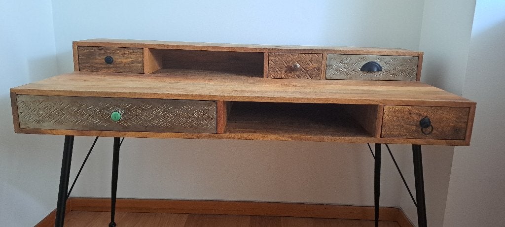 Bureau 5 tiroirs en manguier massif, métal -Maisons du Monde, Ophalen, Hout, Bruin, Zo goed als nieuw
