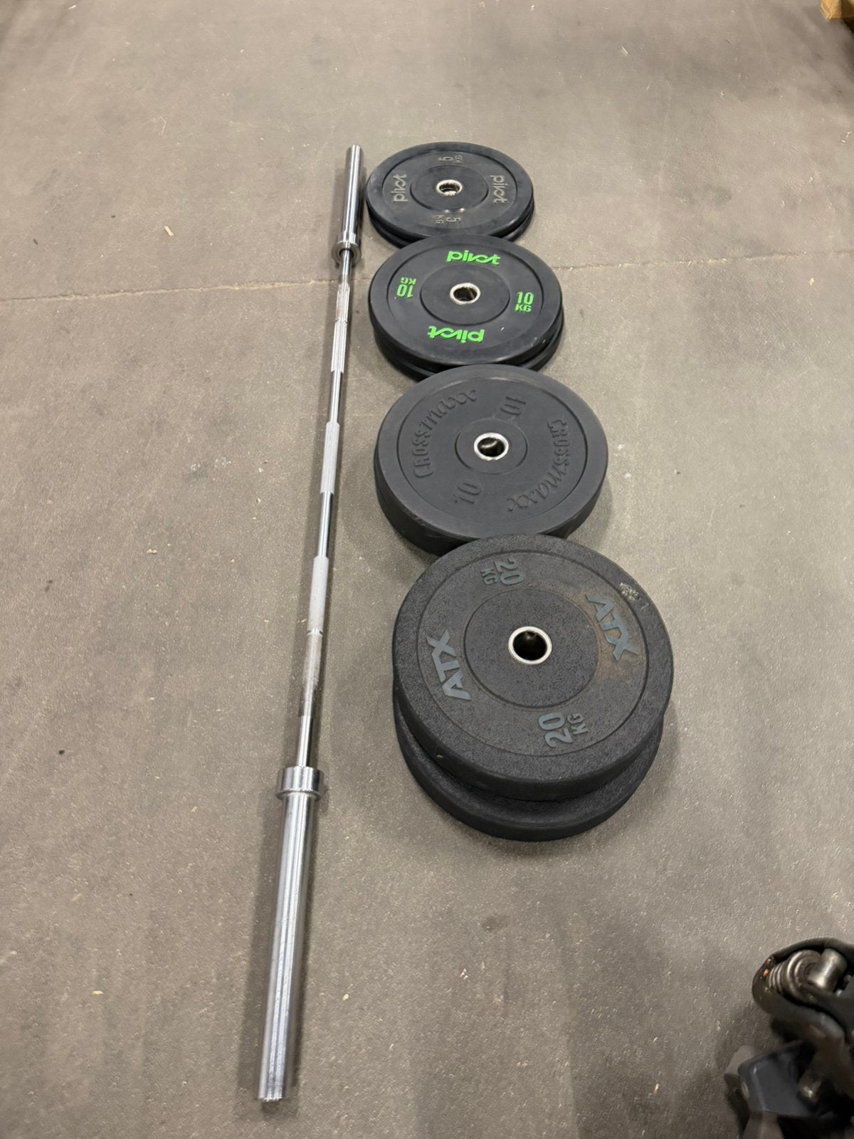 90 kg Atx ,Crossmaxx Bumperplates + Barbell 220cm ,20kg, Enlèvement, Utilisé, Plaques d'haltères