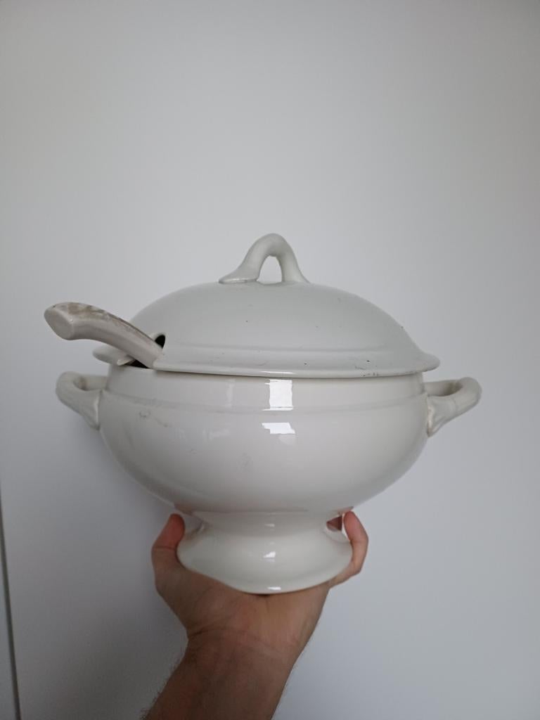Oude witte soepkom + lepel, Antiek en Kunst, Ophalen of Verzenden