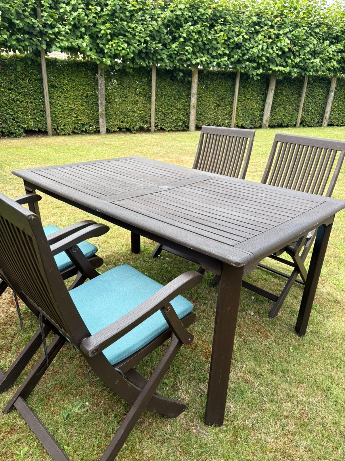 Tuintafel teak + 4 stoelen steak, Chaise, Salons de jardin, Utilisé, Enlèvement
