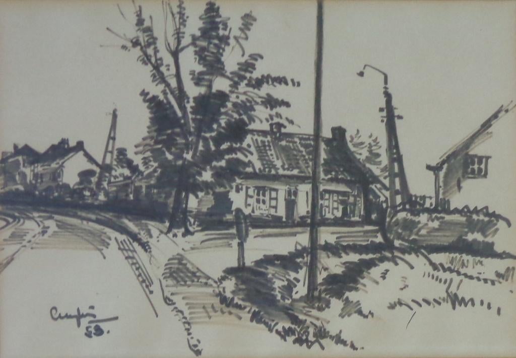 JULIEN CREYTENS / DORPSZICHT / ORIGINEEL / 48x63cm / KADER, Antiquités & Art, Art | Dessins & Photographie, Enlèvement ou Envoi