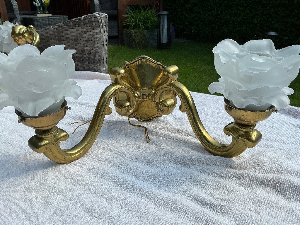 Zeer mooie grote zware Antieke bronzen wandlampen 2 stuks, Zo goed als nieuw, Glas, Wandlamp, E27 (groot)