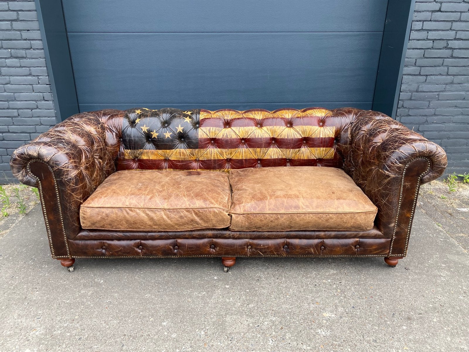 Stoere Engelse Chesterfield zetel vintage cognac, Ophalen of Verzenden, Zo goed als nieuw, Leer