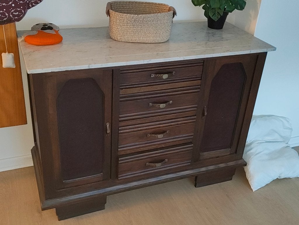 Vintage donkerhouten dressoir met marmeren blad, 25 à 50 cm, Vintage, 100 à 150 cm, Enlèvement