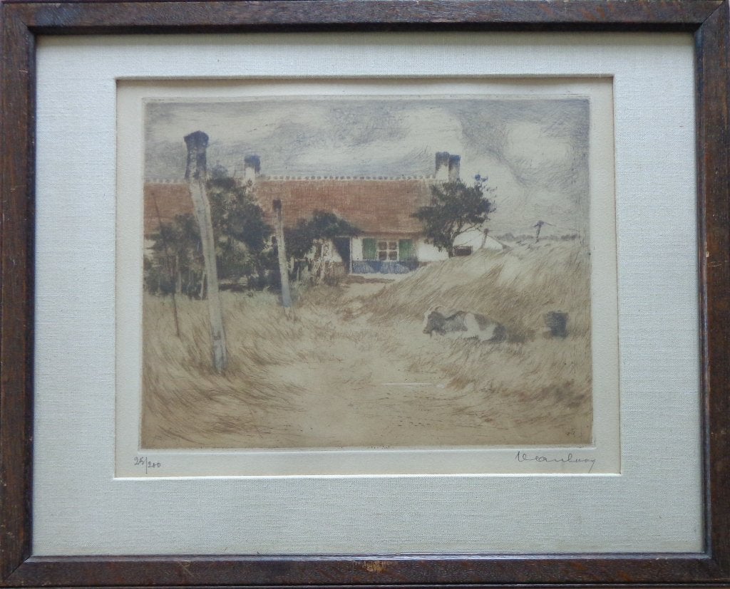 JAN VAN LOOY / HOEVE / KLEURETS / 37x46cm / KADER / SIG, Antiek en Kunst, Gelimiteerde oplage, Ophalen of Verzenden, Landschappen