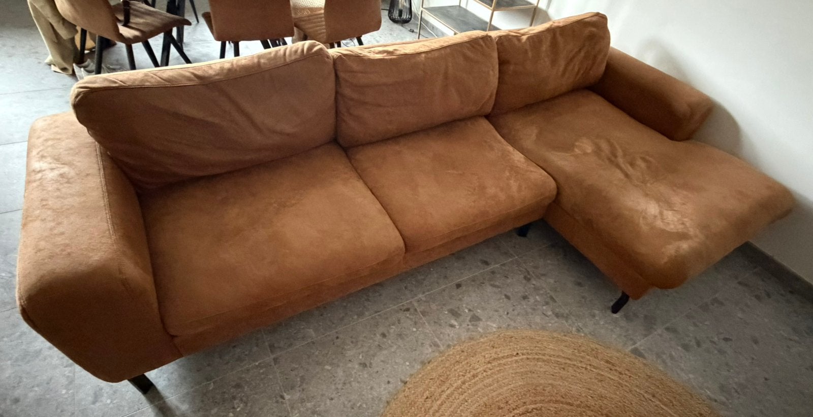 Zitbank 3-zits L vorm cognac, Huis en Inrichting, Ophalen, Gebruikt, Stof