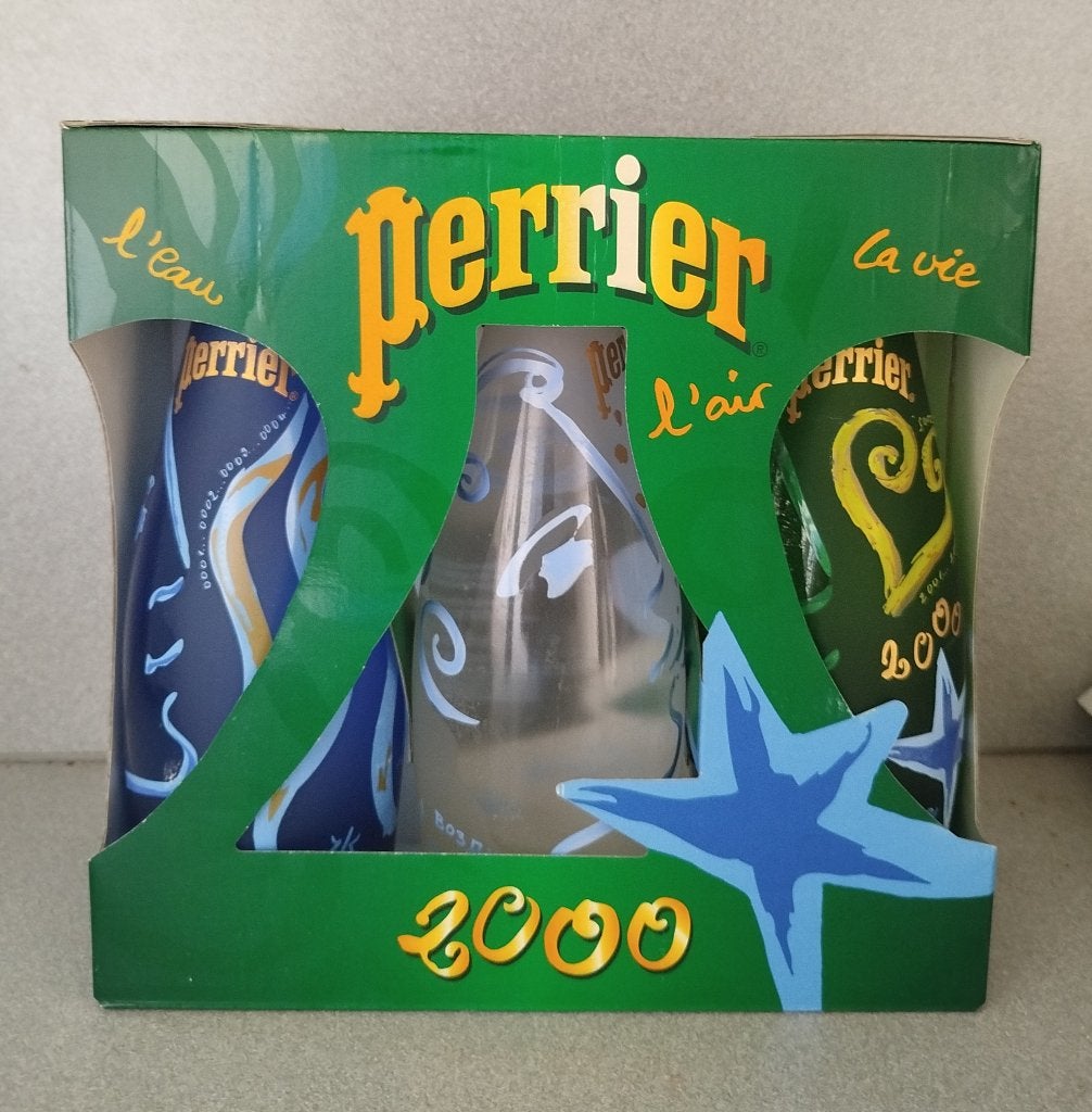 3 Perrier-flessen, nooit geopend, Collector, jaar 2000, Ophalen, Nieuw, Overige typen