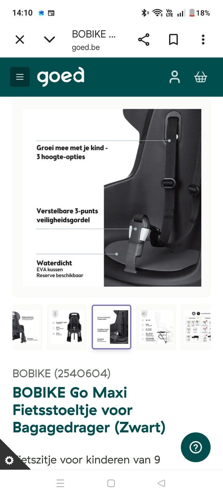 Fietsstoel Bobike go carriers gloednieuw, Achterzitje, Voetsteuntjes, Nieuw, Ophalen of Verzenden