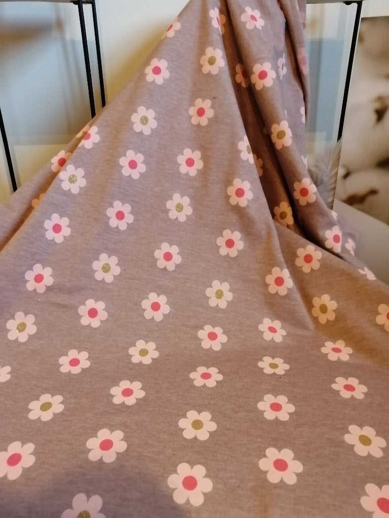 OUTLET : Jersey stof glitter flowers, taupe melange, 120 cm of meer, Beige, Ophalen of Verzenden, Katoen