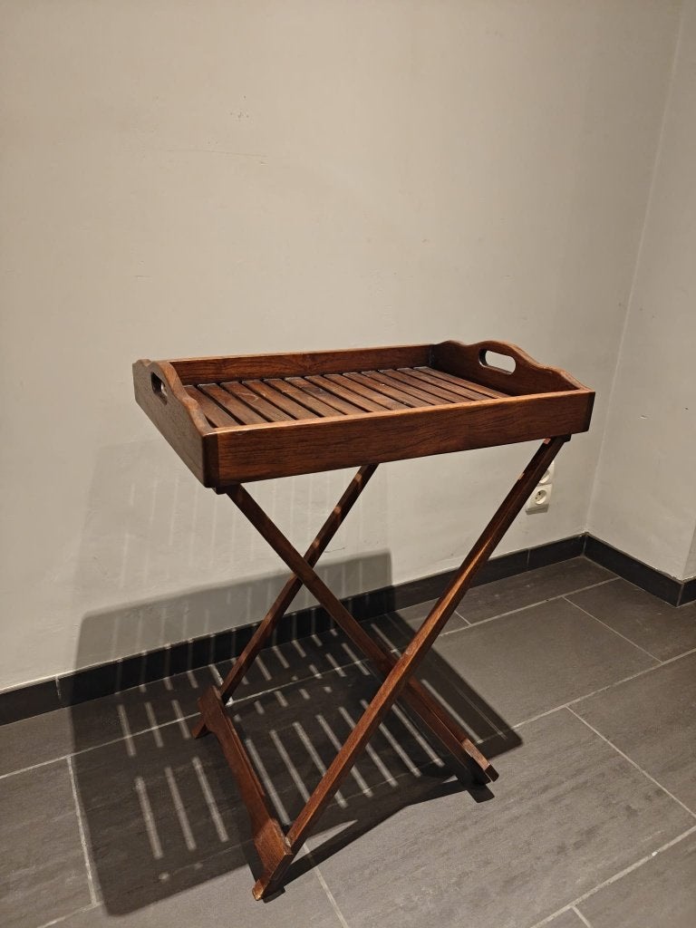 Oud houten dienblad met onderstel – vintage, Ophalen, Gebruikt, Afgeronde hoeken, Dienblad