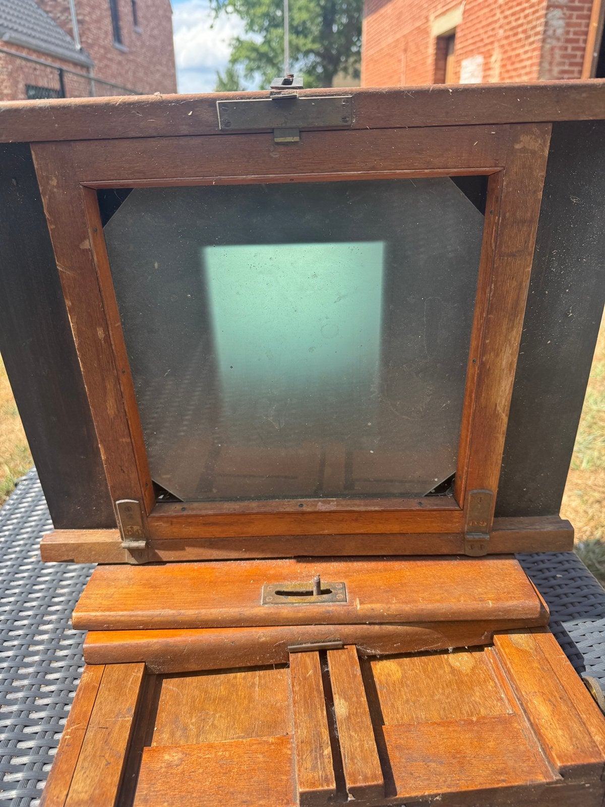 Antieke houten grootformaat camera / platencamera ca. 1900, Ophalen, Gebruikt, Minder dan 25 discs, Hout