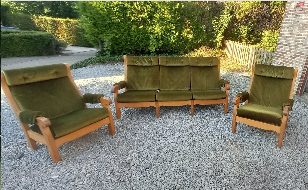 Salon chêne et velours, Maison & Meubles, Fauteuils, 75 à 100 cm, 125 cm ou plus, Enlèvement, Utilisé