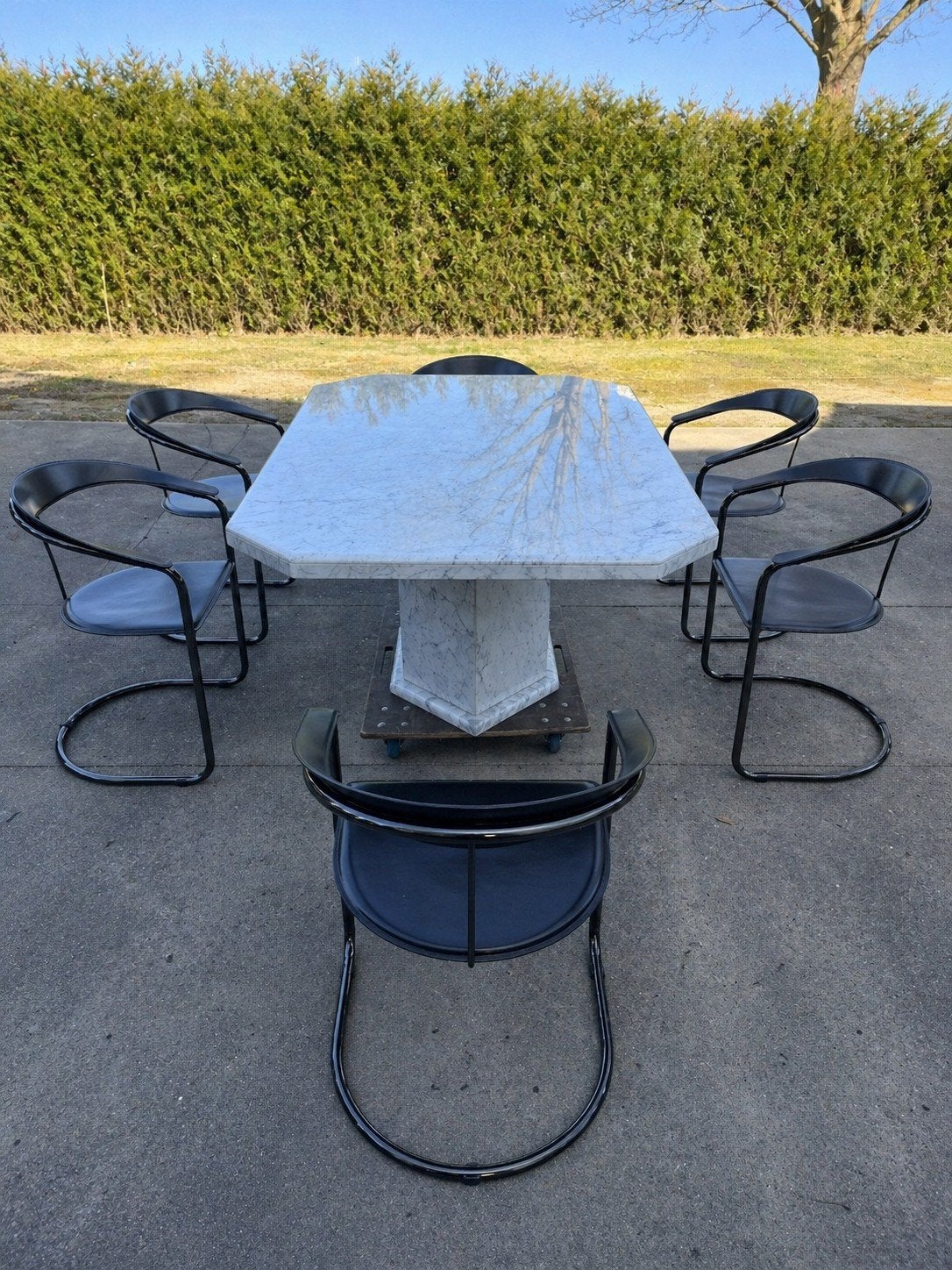 Marmeren tafel met 6 designstoelen – vintage, Tuin en Terras, Ophalen